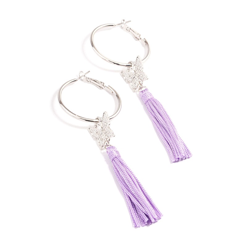 Silver Purple Flower Tassel Hoop Earrings