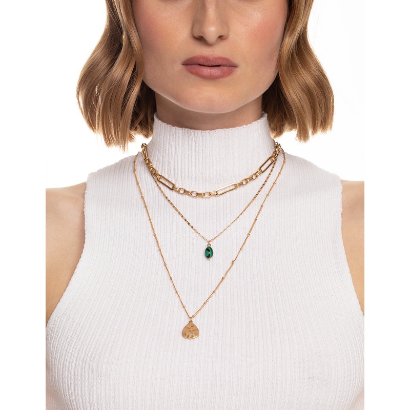 Worn Gold Multi Row Stone Coin Necklace