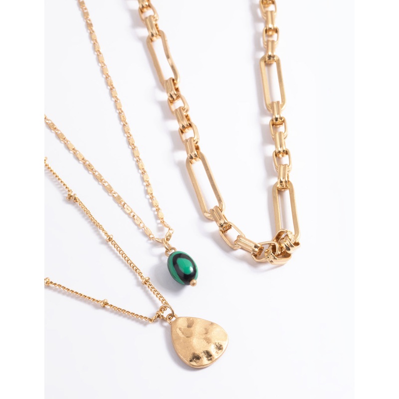 Worn Gold Multi Row Stone Coin Necklace