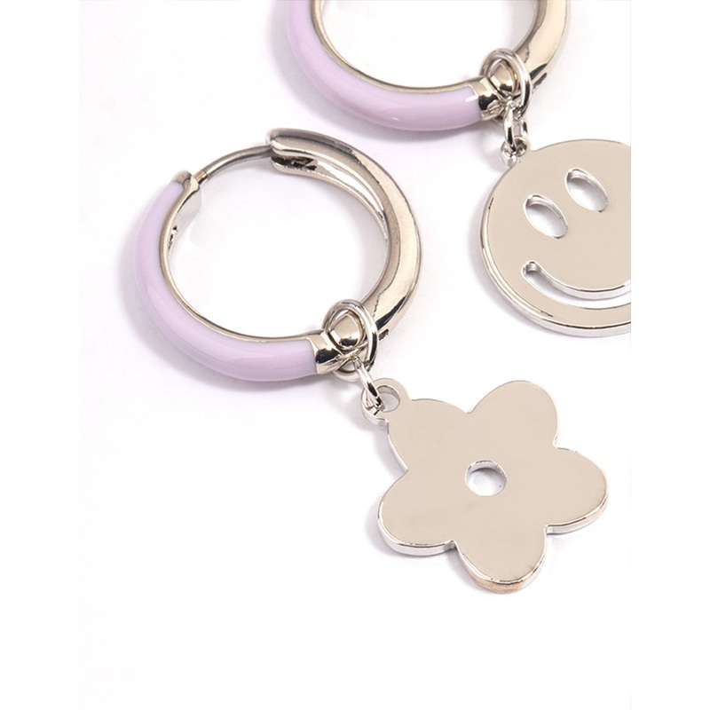 Rhodium Purple Flower Small Hoop Earrings