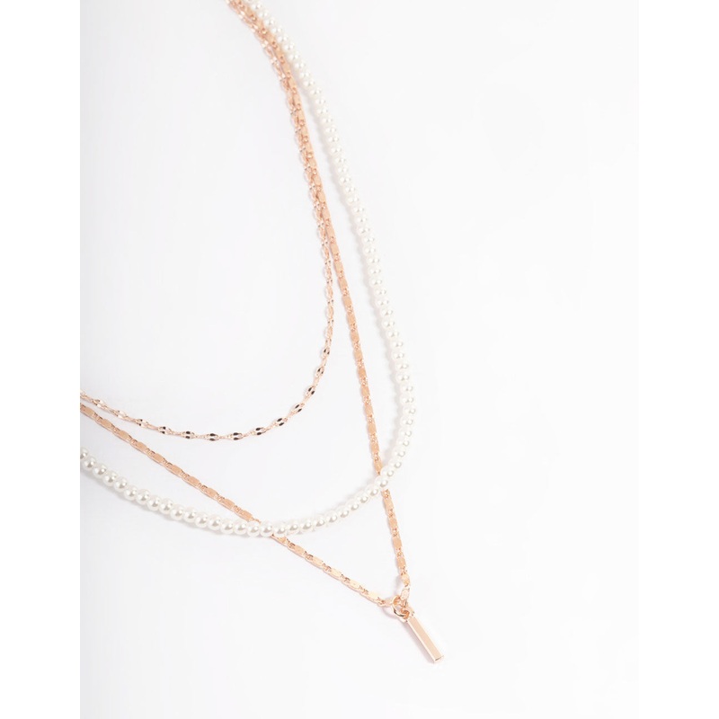 Rose Gold Pearly Mixed Triple Row Chain Necklace