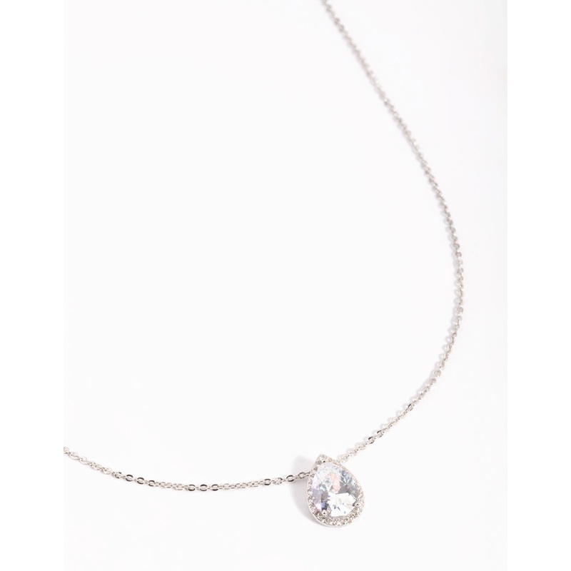 Silver Cubic Zirconia Pear Halo Necklace