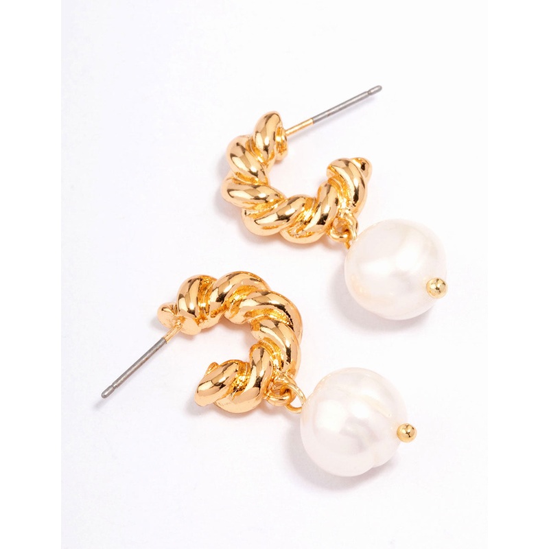 Gold Plated Textured Freshwater Pearl Hoop Earrings