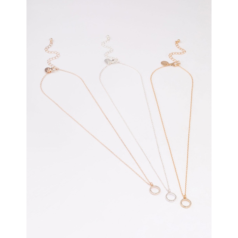 Mixed Metal Diamante Open Circle Necklace 3-Pack