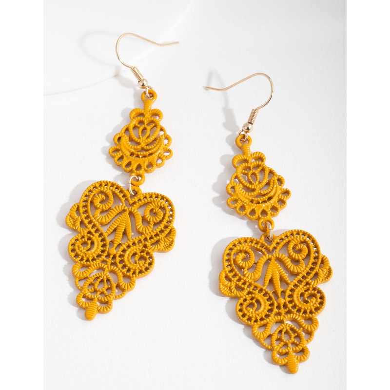 Yellow Large Filigree Drop Earrings