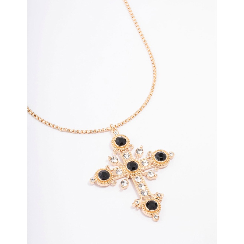 Black Diamante Statement Long Cross Pendant Necklace