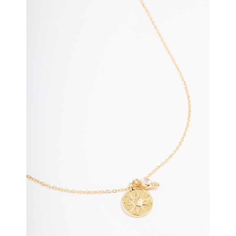 Gold Plated Star Disc & Cubic Zirconia Drop Pendant Necklace