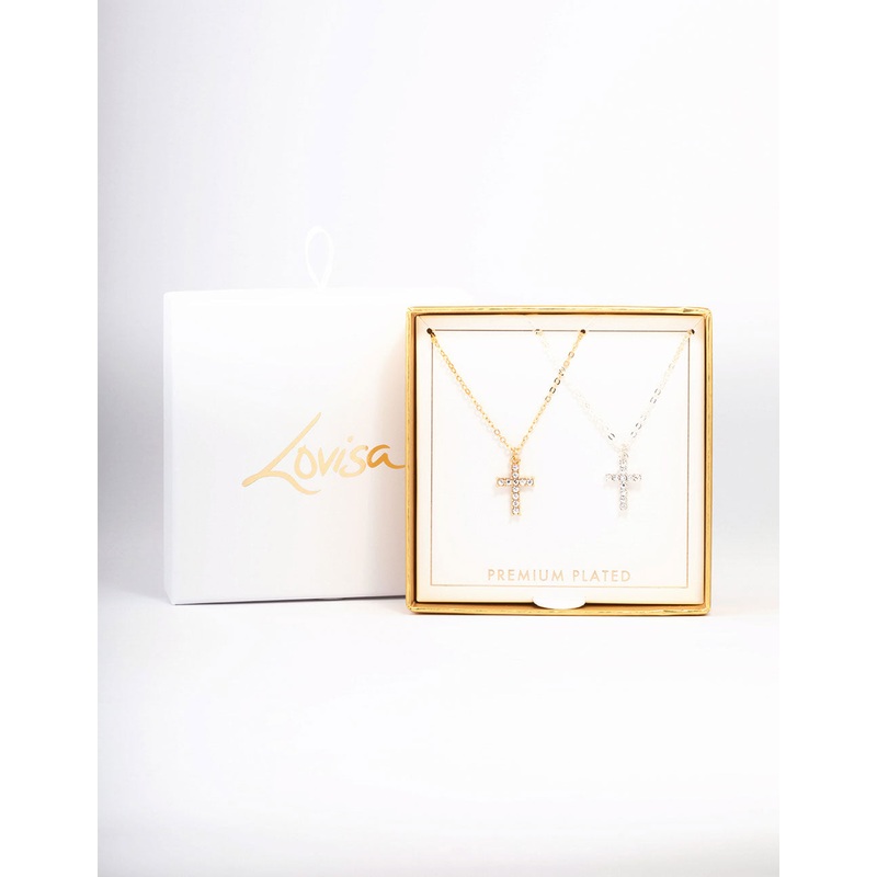 Gold & Silver Plated Diamante Cross Necklace Pack
