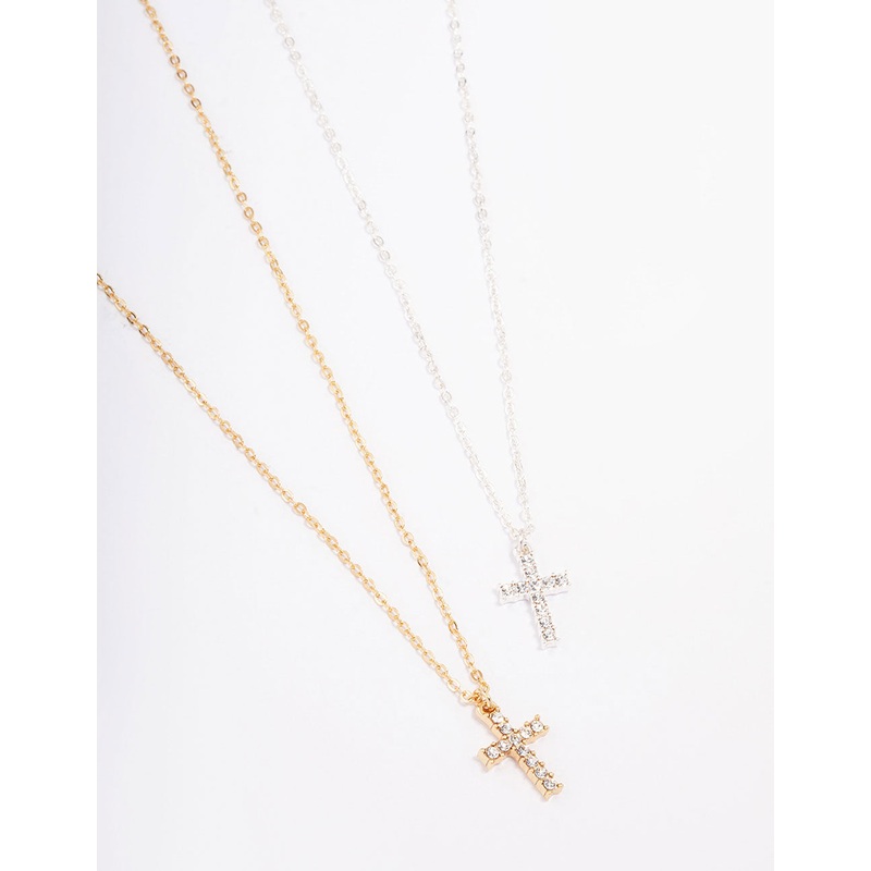 Gold & Silver Plated Diamante Cross Necklace Pack