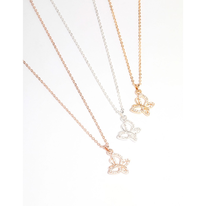 Mixed Metal Diamante Butterfly Necklace 3-Pack