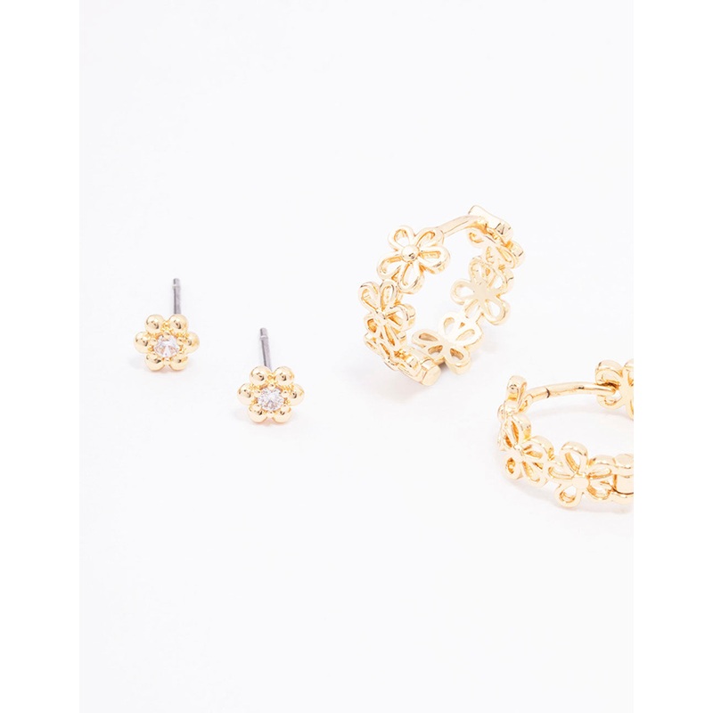 Gold Cubic Zirconia Mixed Flower & Ball Earrings 3-Pack