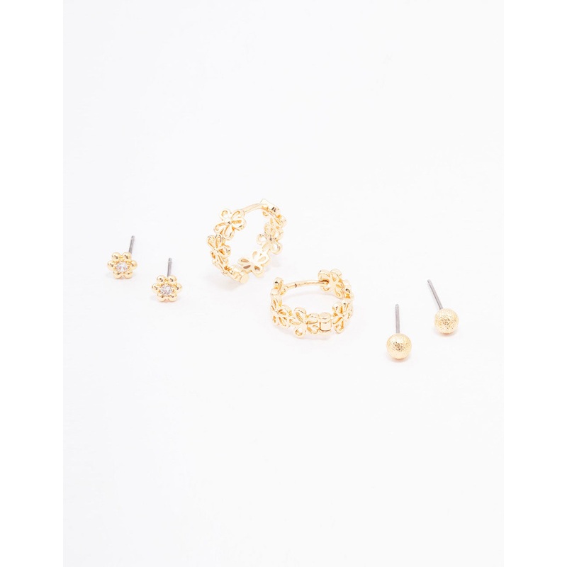 Gold Cubic Zirconia Mixed Flower & Ball Earrings 3-Pack