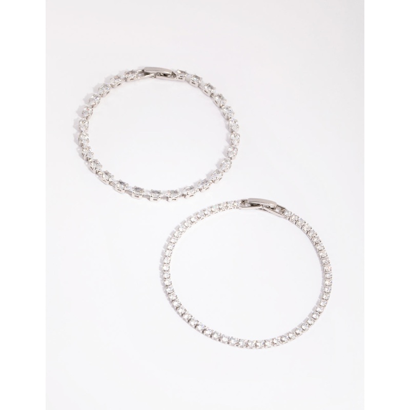 Silver Diamond Simulant Mixed Stone Bracelet Set