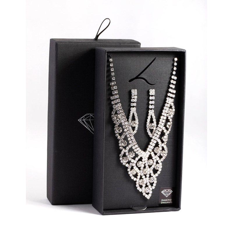 Diamond Simulants Silver Fancy Statement Earrings & Necklace Set