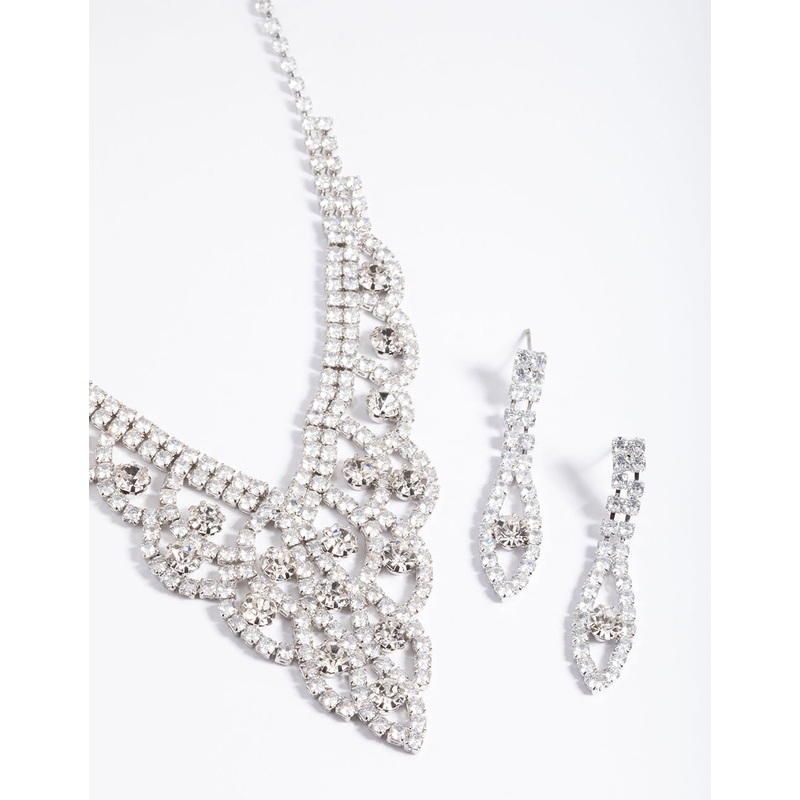 Diamond Simulants Silver Fancy Statement Earrings & Necklace Set