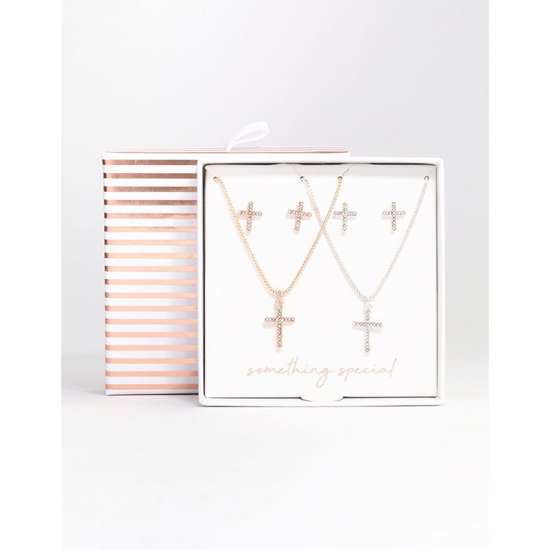 Mixed Metal Diamante Cross Jewellery Set Pack