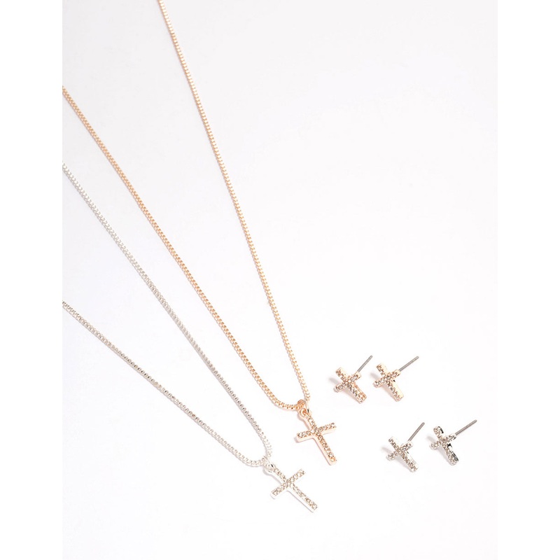 Mixed Metal Diamante Cross Jewellery Set Pack