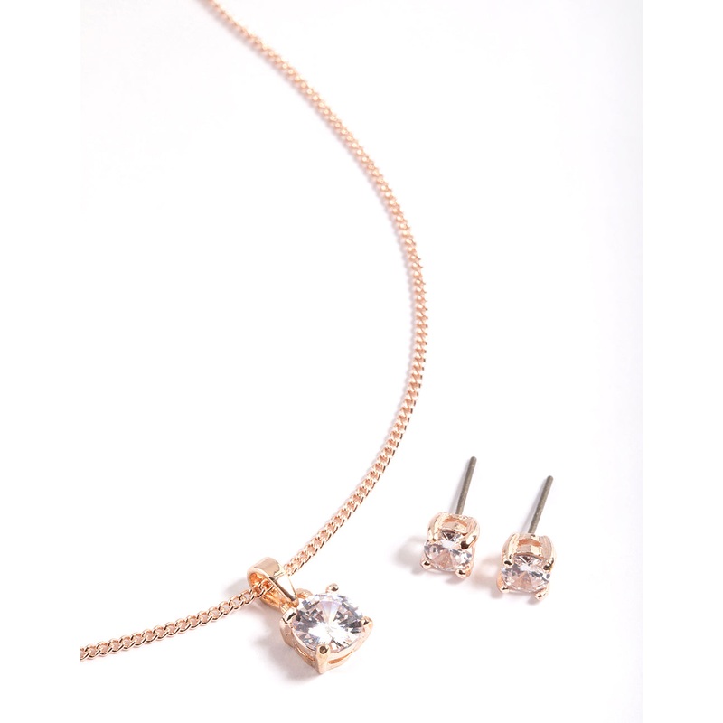 Rose Gold Cubic Zirconia Solitaire Necklace & Stud Earrings