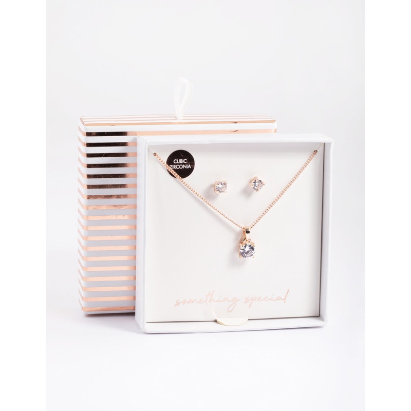 Rose Gold Cubic Zirconia Solitaire Necklace & Stud Earrings