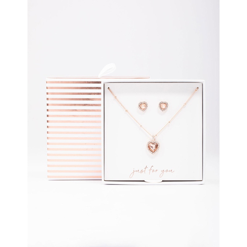 Rose Gold Heart Halo Ball Necklace & Stud Earring Pack