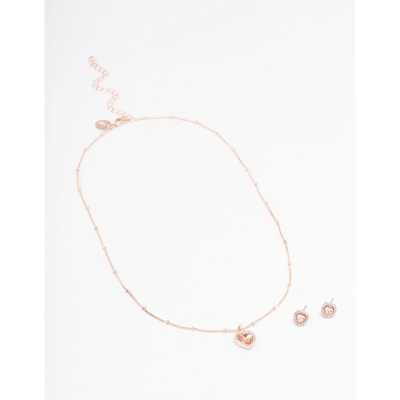 Rose Gold Heart Halo Ball Necklace & Stud Earring Pack