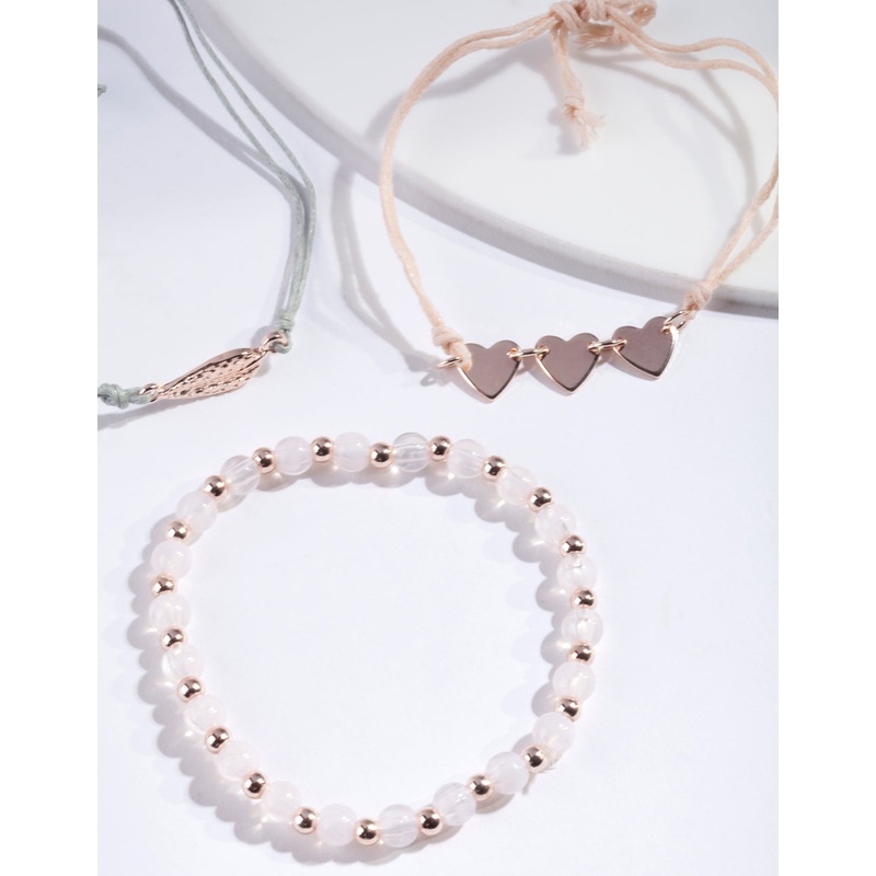 Rose Gold Leaf Heart & Bead Bracelet Pack