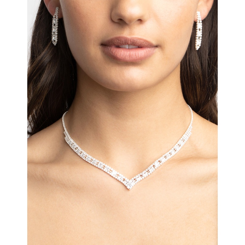 Silver Cubic Zirconia Statement Necklace & Earrings Set