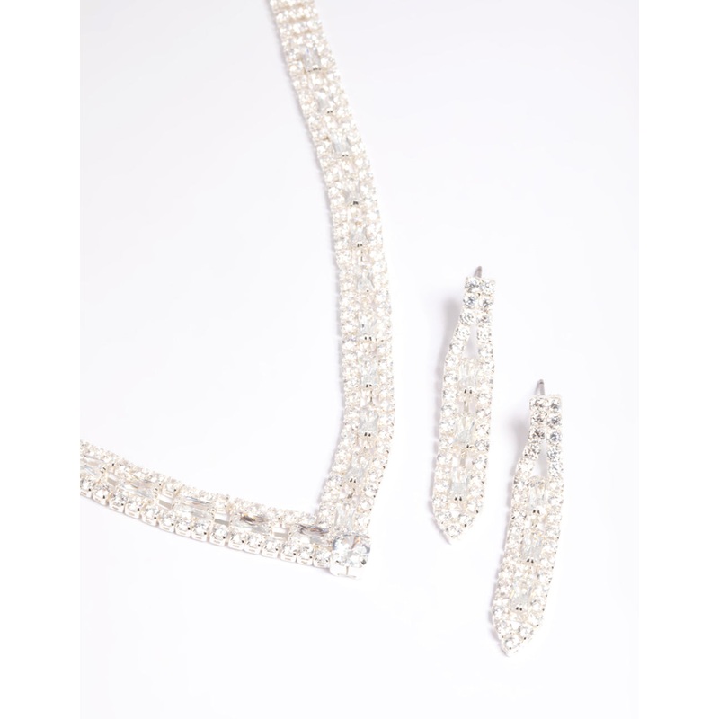 Silver Cubic Zirconia Statement Necklace & Earrings Set
