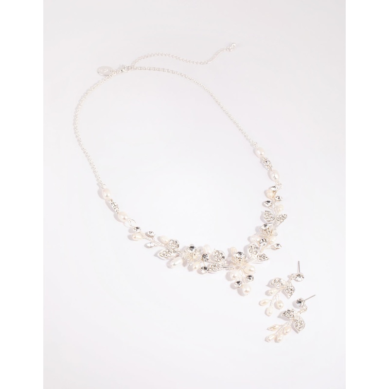 Silver Diamante & Pearl Wire Necklace & Earrings Set