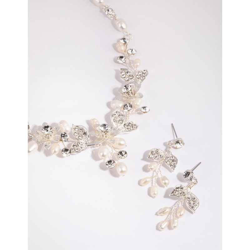 Silver Diamante & Pearl Wire Necklace & Earrings Set