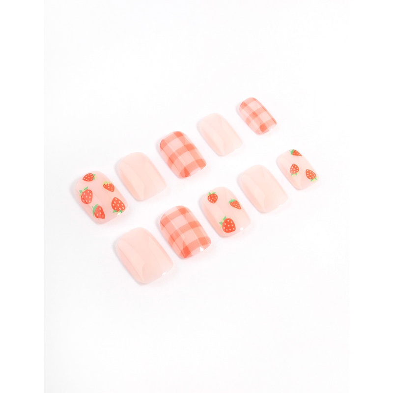 Tweens Strawberry & Checkered Press On Nails