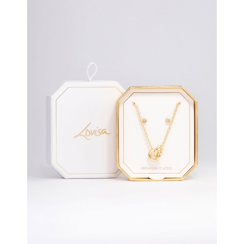 Gold Plated Circle Cubic Zirconia Necklace & Earrings Set