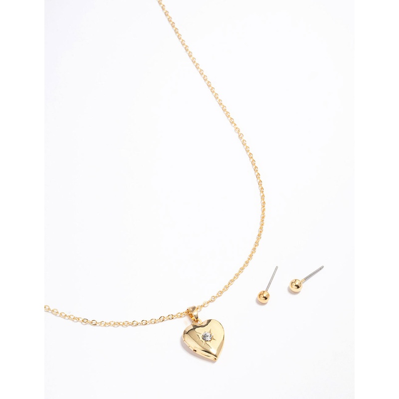 Gold Plated Heart Locket Necklace & Earrings Set
