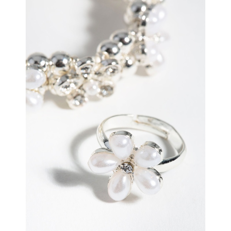 Kids Silver Flower Bracelet & Ring Set