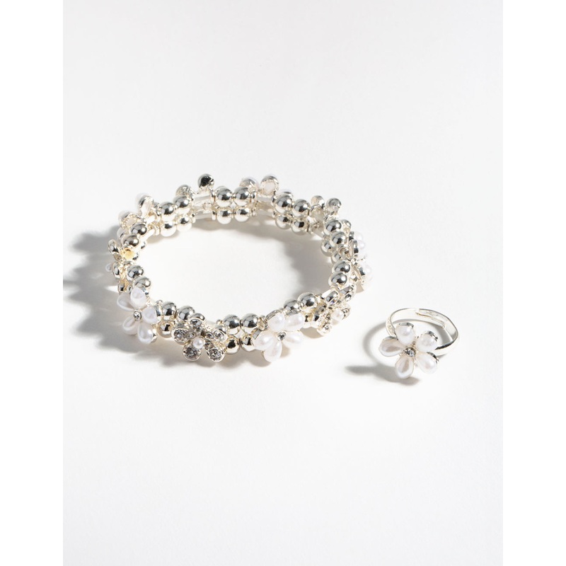 Kids Silver Flower Bracelet & Ring Set