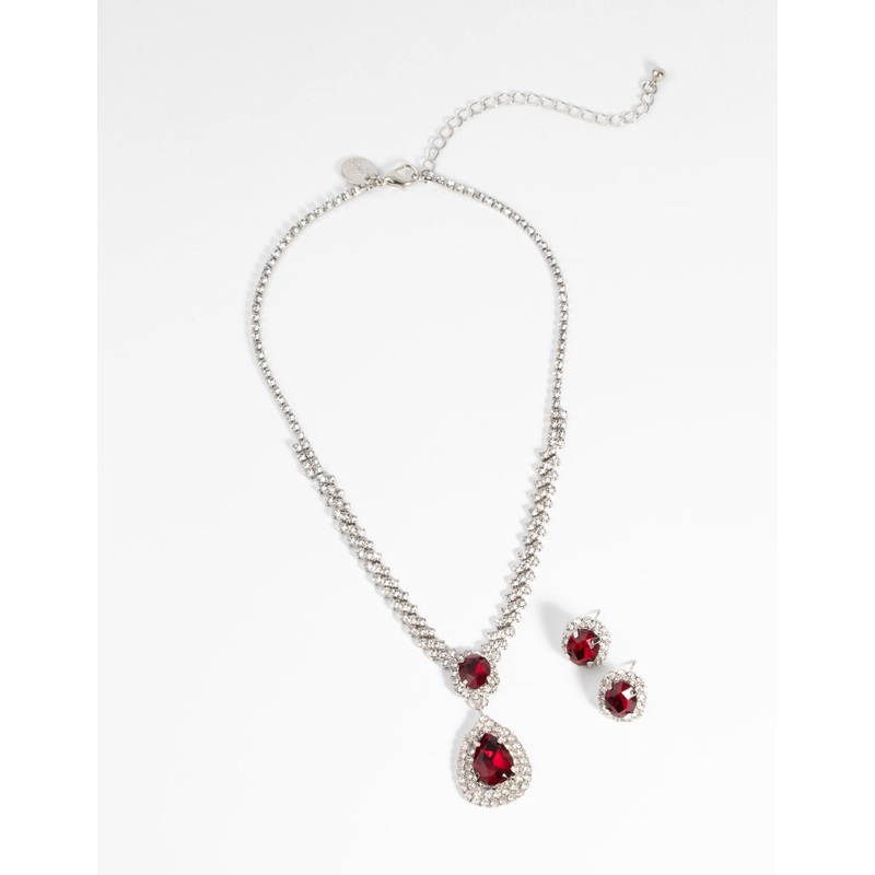 Ruby Diamond Simulant Necklace & Earrings Set
