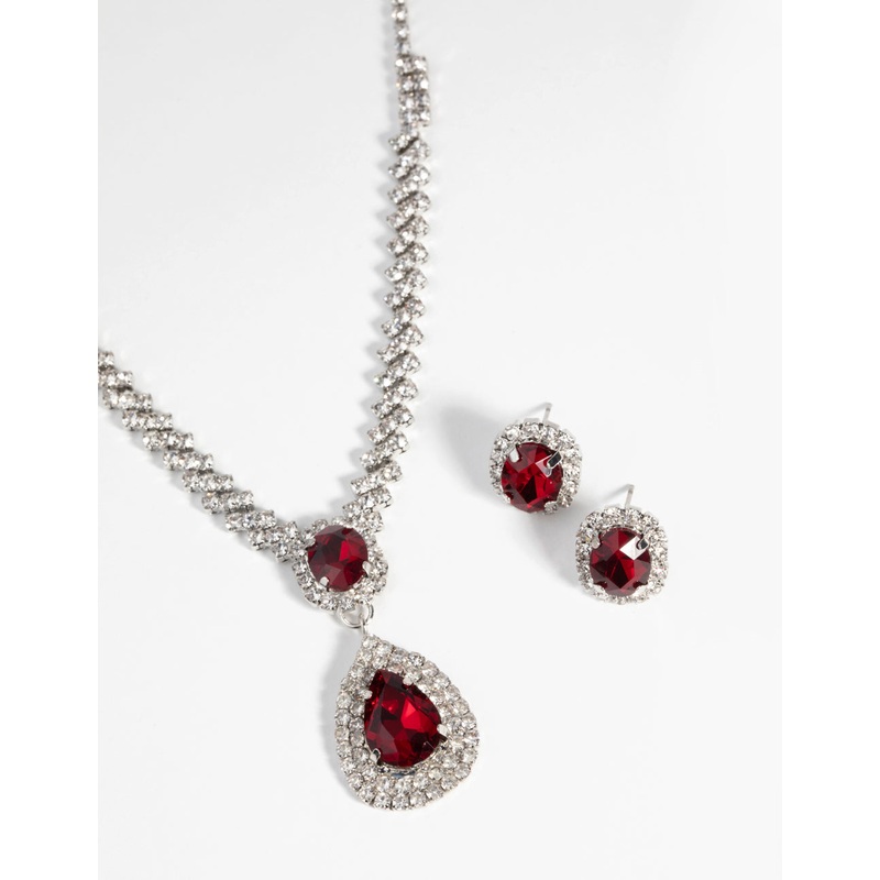 Ruby Diamond Simulant Necklace & Earrings Set
