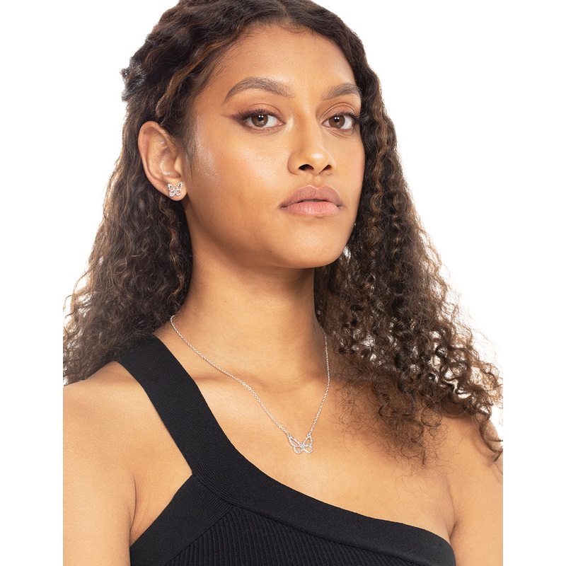 Silver Diamante Butterfly Necklace & Stud Earring Set