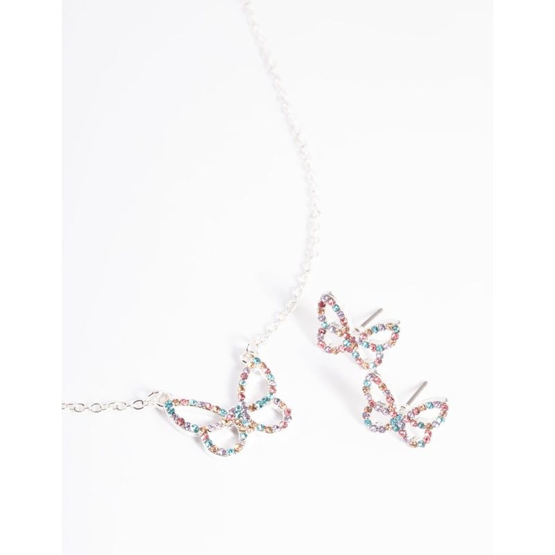 Silver Diamante Butterfly Necklace & Stud Earring Set