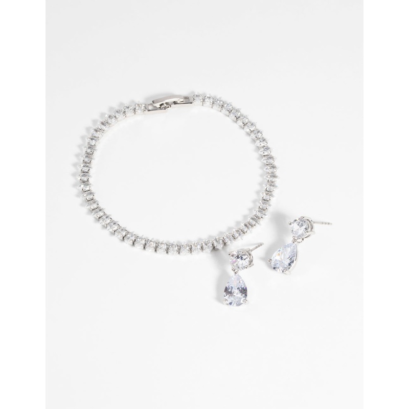 Silver Diamond Simulant Marquise Bracelet & Earrings Set