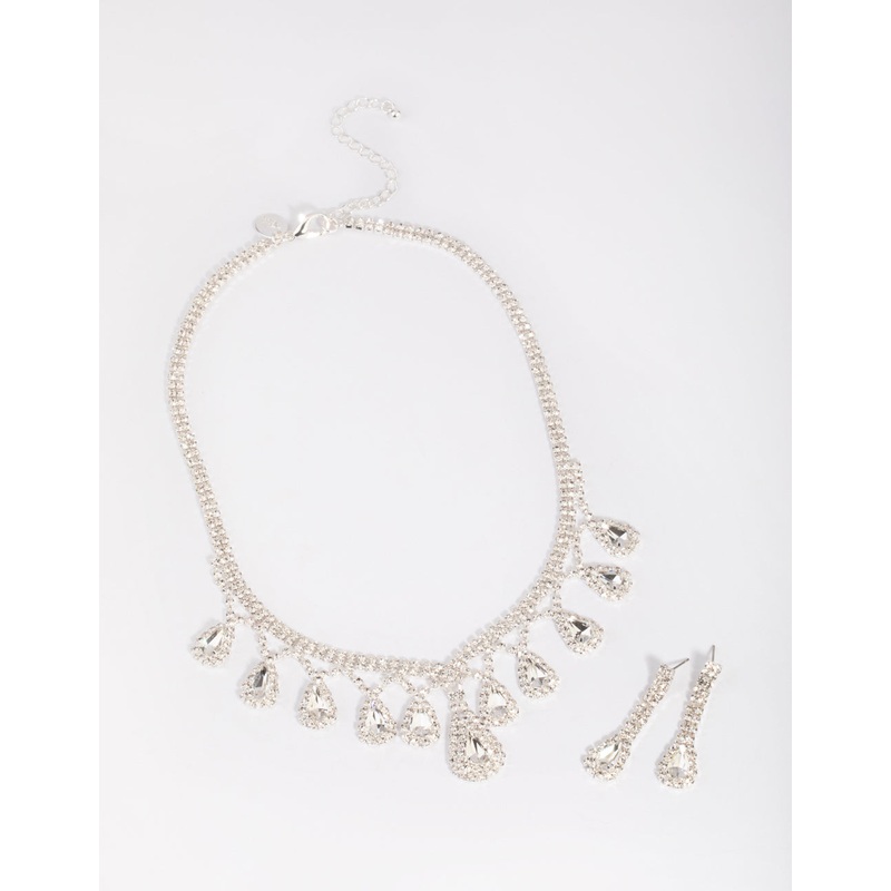Silver Teardrop Diamante Statement Necklace & Earrings Set