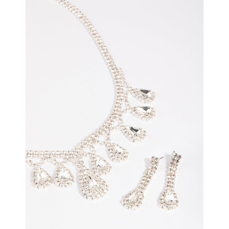 Silver Teardrop Diamante Statement Necklace & Earrings Set