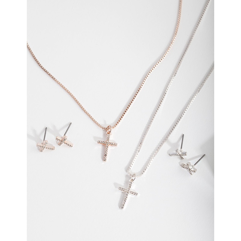 Mixed Metal Diamante Cross Jewellery Set