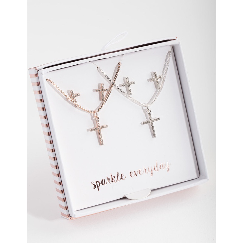 Mixed Metal Diamante Cross Jewellery Set