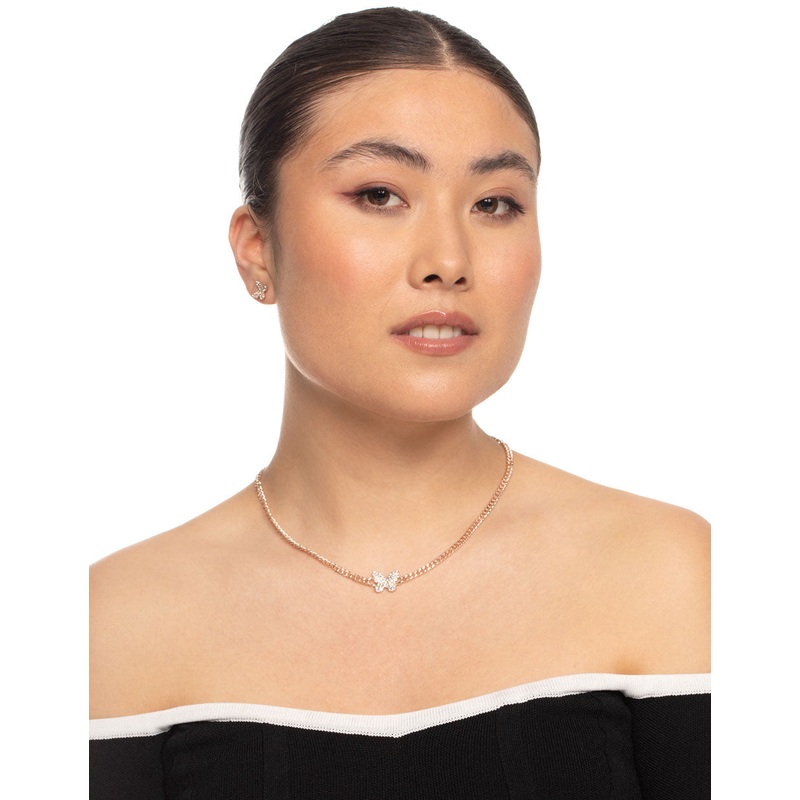 Rose Gold Diamante Butterfly Chain Earrings & Necklace