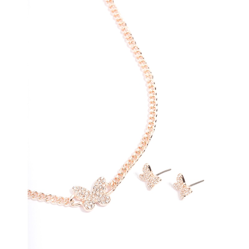 Rose Gold Diamante Butterfly Chain Earrings & Necklace