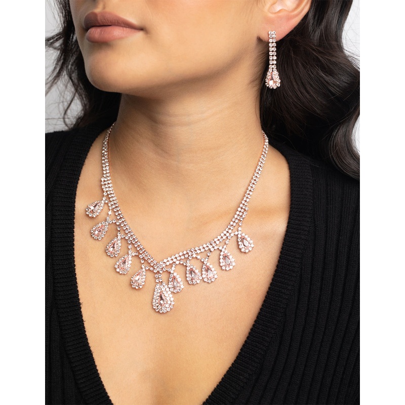 Rose Gold Teardrop Diamante Necklace & Earrings Set