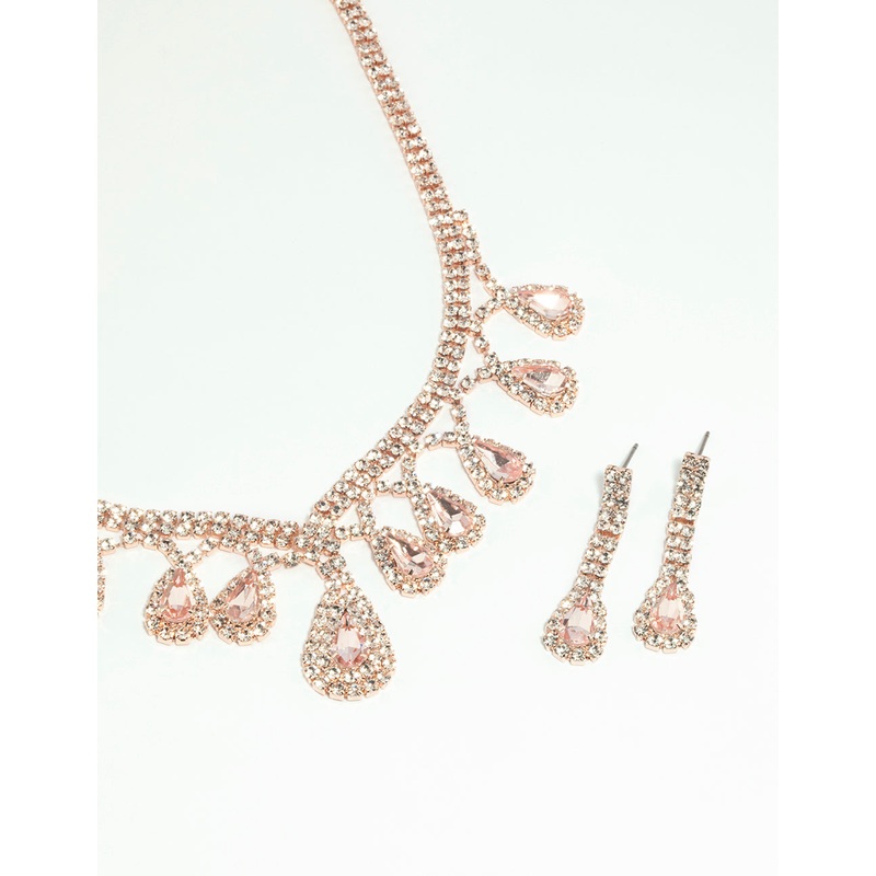 Rose Gold Teardrop Diamante Necklace & Earrings Set