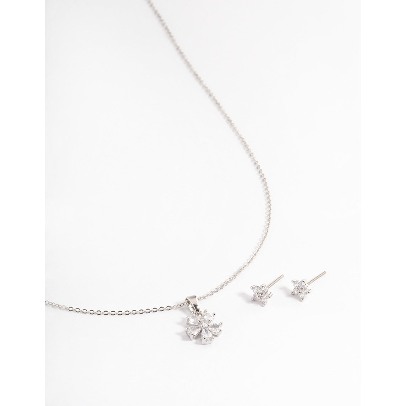 Silver Cubic Zirconia Flower Jewellery Set