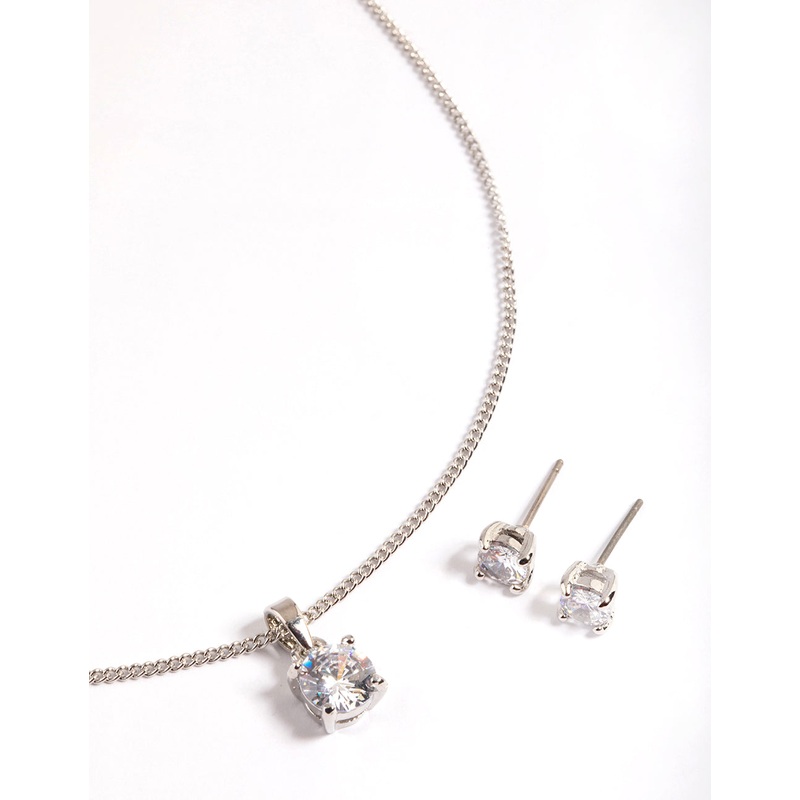 Silver Cubic Zirconia Solitaire Necklace & Stud Earrings